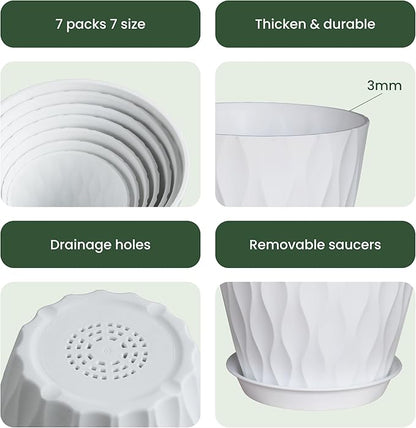 Plant Pots, Plastic Flower Pots for Indoor & Outdoor Plants, Planters with Drainage Holes and Saucer, Garden Pot for Plants (White 7/6.5/6/5.5/5/4.5/4 inch)