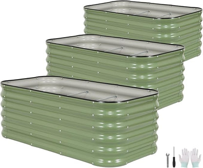3 Pcs Raised Garden Beds Outdoor, 17" Tall 3-in-1 Modular 4x2ft Galvanized Metal Planter Box with Bracing Rods and Gloves for Vegetables Flowers Herbs, Olive Green