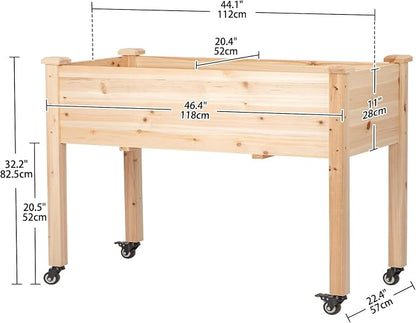 Raised Garden Bed with Lockable Wheels, 48x24x32 inch Elevated Wood Planter with Protective Liner for Vegetable Flower Herb Outdoor Balcony Patio Backyard, Natural