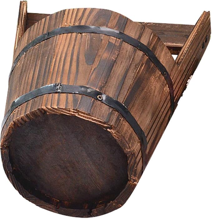 DOITOOL Hanging Planters Rustic Wooden Bucket Planter Hanging Pot Rustic Bucket Wooden Wishing Well Succulent Planter Pot for Patio Garden Backyard Fence Indoor Hanging Planters