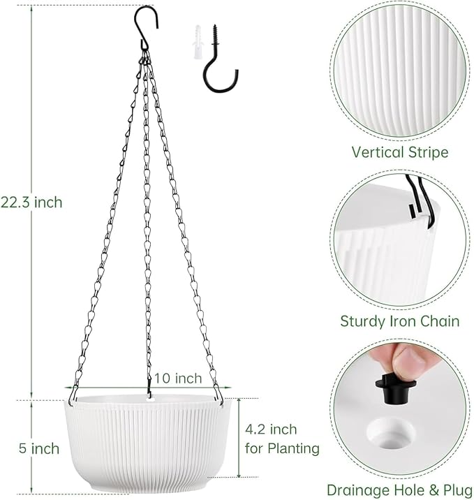 10 Inch Hanging Pots for Indoor Outdoor Plants Set of 2 | Self-Watering Hanging Planters with Internal Saucers, Drainage Holes & Plugs (Hooks)