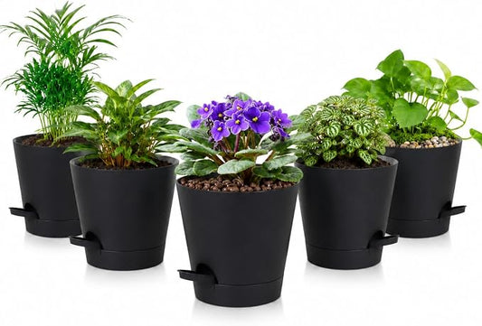 5 Pack 5 Inch African Violet Pots Self Watering, Self-Watering Planters with Drainage Holes & Reservoir, Black Plastic Pots for Indoor Outdoor Plants, Succulents & Flowers