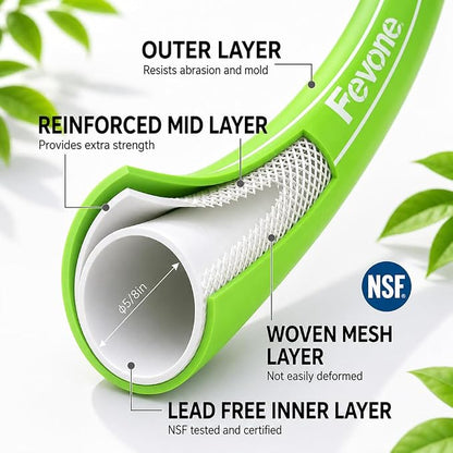 FEVONE Heavy Duty Garden Hose 105 ft, Hybrid Polymer Water Hose | Flexible, Leak-Free, Lightweight, 5/8 ID, 600 PSI, 3/4 GHT Aluminum Fittings with Swivel Handles