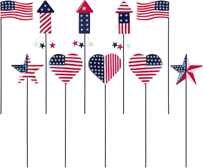 hogardeck 4th of July Decorations Outdoor, 10 PCS Metal Patriot Star Firework Decorative Garden Stakes for Fourth of July Decorations, Patriotic Yard Signs for Garden, Porch, Patio, Flower Beds
