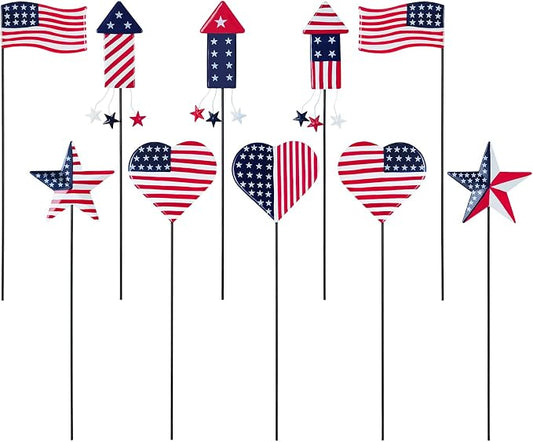 hogardeck 4th of July Decorations Outdoor, 10 PCS Metal Patriot Star Firework Decorative Garden Stakes for Fourth of July Decorations, Patriotic Yard Signs for Garden, Porch, Patio, Flower Beds