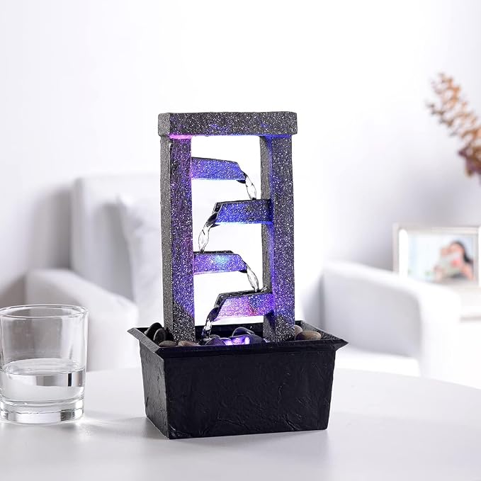 GOSSI 10" 4-Tier Tabletop Waterfall Fountain with Natural River Rocks, LED Lights, Resin Indoor Water Feature for Home Office Decor, Meditation Relaxation Gift