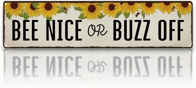 Honey Garden Metal Tin Sign, Funny Vintage Farmhouse Decor, Bee Nice or Buzz Off Sign, for Yard Fence Door Porch, Indoor Outdoor Garden Decoration, Ideal for Bee Lovers, 15.7 x 3.9 Inches