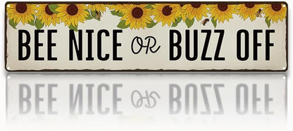 Honey Garden Metal Tin Sign, Funny Vintage Farmhouse Decor, Bee Nice or Buzz Off Sign, for Yard Fence Door Porch, Indoor Outdoor Garden Decoration, Ideal for Bee Lovers, 15.7 x 3.9 Inches