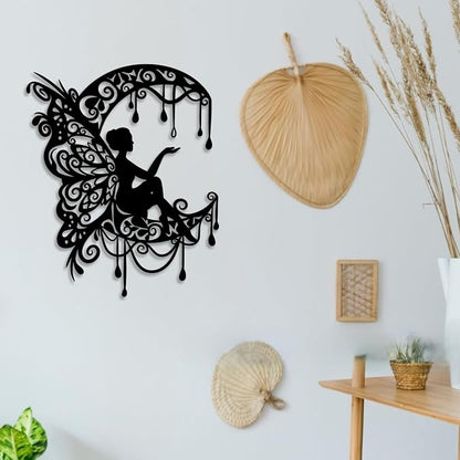 LIYOUYA Moon Flower Fairy Metal Wall Decor - Rustic Farmhouse Room Decor Black Wall Art Home Decor for Living Room, Bedroom, Outdoor (Black)