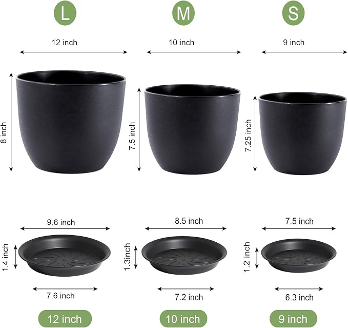 WSMKSZ 12/10/9 inch Big Flower Pots, 3 Pack Modern Decorative Plastic Planters with Drainage Holes and Tray, Plant Pots for Indoor Outdoor Plants, Black