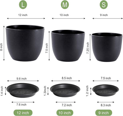 WSMKSZ 12/10/9 inch Big Flower Pots, 3 Pack Modern Decorative Plastic Planters with Drainage Holes and Tray, Plant Pots for Indoor Outdoor Plants, Black