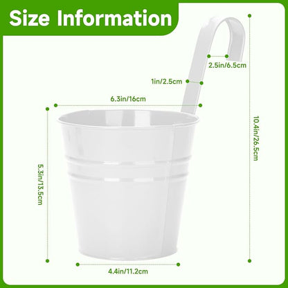 KINGLAKE Flower Pots,10 Pcs Metal Iron Hanging Flower Plant Pot Balcony Garden Plant Planter Baskets Fence Bucket Pots 6.3'' Flower Holders with Detachable Hook White