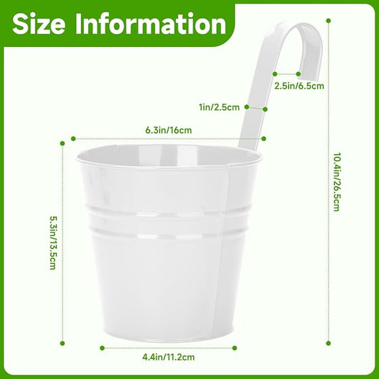 KINGLAKE Flower Pots,10 Pcs Metal Iron Hanging Flower Plant Pot Balcony Garden Plant Planter Baskets Fence Bucket Pots 6.3'' Flower Holders with Detachable Hook White