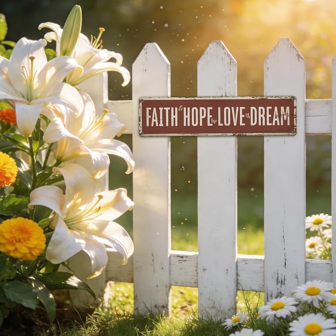 Garden Metal Tin Sign, Vintage Farmhouse Decor, Faith Hope Love Dream Garden Wall Art, for Yard Fence Door Porch, Inspirational Indoor Outdoor Gardening Decoration, 15.7 x 3.9 Inches