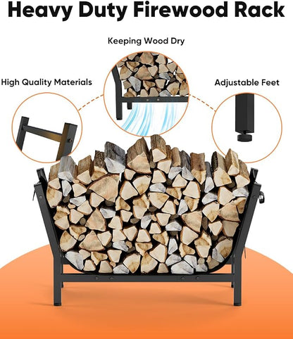 28 Inch Firewood Rack with 900D Canvas Log Carrier Bag, Outdoor Indoor Log Holder for Fireplace, Heavy Duty Fire Wood Log Stand, Wood Pile Stacker Storage Organizer Tool for Patio Deck, Black