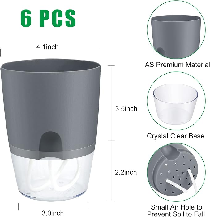 ShineMe Self Watering Flower Pots, 4.1 Inch Self Watering Planters for Indoor Plants, 6 Pack Plastic Plant Pots for African Violets, Herbs, Aloe, Peace Lily with Absorbent Cotton Rope (Gray)