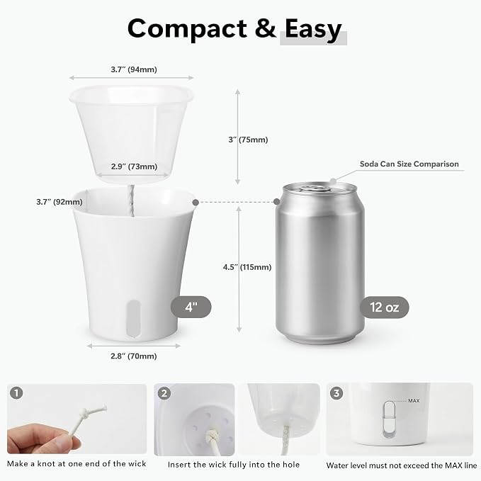 10 Pack 4" Self Watering Small White Plant Pots for Indoor Plants, Clear Inner Cup, Water Level Indicator, Drainage Holes & Wick, for Cuttings, Seedlings, Herb, African Violet, Hoya, Begonia