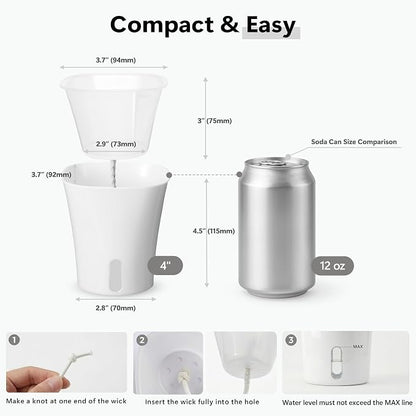 10 Pack 4" Self Watering Small White Plant Pots for Indoor Plants, Clear Inner Cup, Water Level Indicator, Drainage Holes & Wick, for Cuttings, Seedlings, Herb, African Violet, Hoya, Begonia