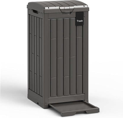 Outdoor Trash Can, 30 Gallon Garbage Can with Tiered Lid and Drip Tray, Waterproof Resin Waste Bin for Patio, Garden, Backyard, Deck, Brown