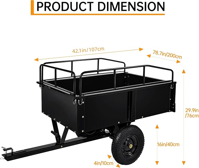 GarveeTech 750LBS Heavy Duty ATV Trailer Tow Behind Steel Dump Cart, 15 Cu. Ft Garden Utility Trailer with Removable Sides & Rear Hitch for Riding Lawn Mower Tractor, Black