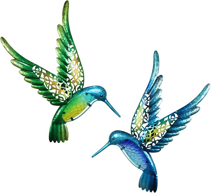 HONGLAND Metal Hummingbird Wall Art 15inch Metal Birds Wall Sculpture Garden Decoration Outdoor Statue Patio Fence Hanging Plaques 2 Pack
