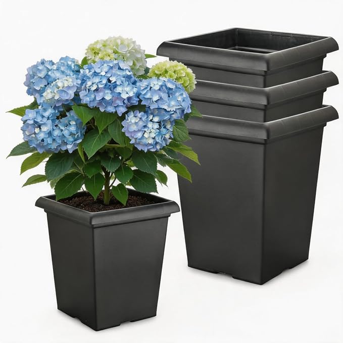 10 inch Square Planters - 4 Pack Deep 13 inch Plastic Plant Pot with Drainage Holes & Raised Feet, Matte Black 4 Gal Heavy Duty Thick Indoor Outdoor Flower Pot for Trees, Roses, Tomatoes