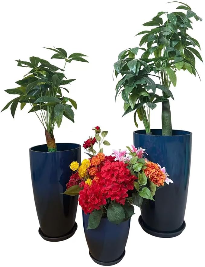 24,21,11 Inch Large Plastic Planters with Drainage Hole and Saucer - Set of 3 Tall Plant Pots Indoor Flower Pot Tall Round Planters Outdoor Large Tall Planter