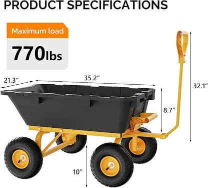 VINGLI Heavy Duty Dump Cart Wagon, 770LBS Quick-Release Dump Poly Wheelbarrow, 10in All-Terrain Pneumatic Tires Garden Wagon for Garden, Yard, Beach