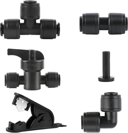 Kalolary 46PCS Quick Connect 1/4" Drip Irrigation Fitting Kit, 1/4'' Drip Line Push-to-Fit Connectors Leak Free Fitting Set with 10 Tees, 10 Couplings, 10 Elbows, 5 Valves, 10 End Plugs &1 Hose Cutter