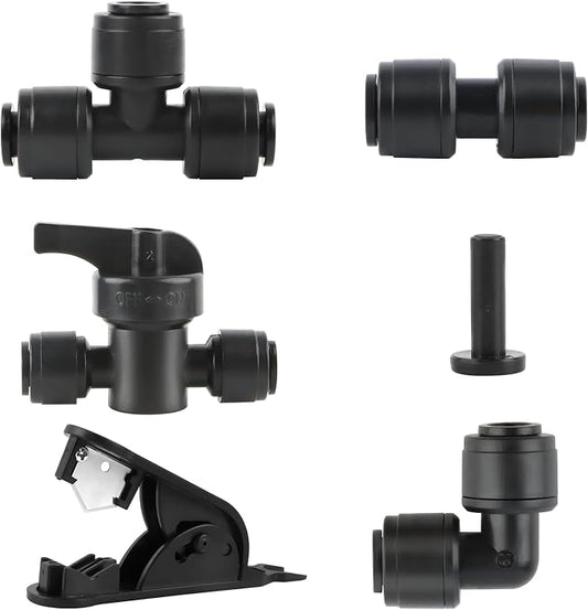 Kalolary 46PCS Quick Connect 1/4" Drip Irrigation Fitting Kit, 1/4'' Drip Line Push-to-Fit Connectors Leak Free Fitting Set with 10 Tees, 10 Couplings, 10 Elbows, 5 Valves, 10 End Plugs &1 Hose Cutter