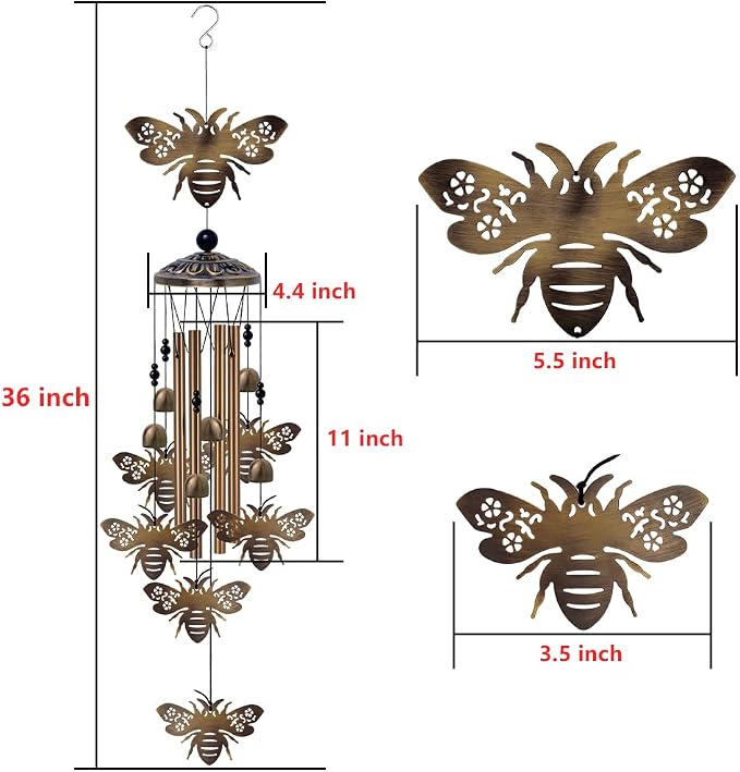 Outdoor Bees Wind Chimes Gifts for Mom - Bronze Memorial Wind Bells, Mobile Sympathy Wind Catcher, Romantic Bee Decor, 7 Bees Windchimes for Home, Balcony, Tree, Garden Festival Hanging Decoration