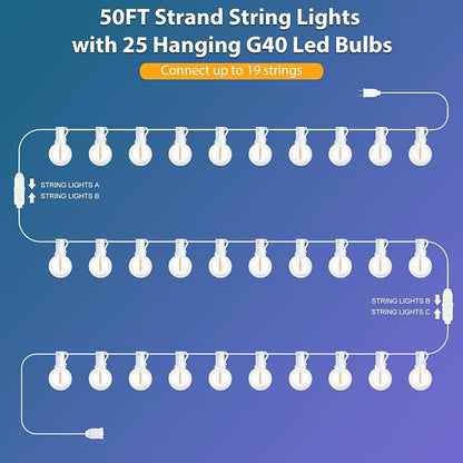Mlambert 100Ft(2x50Ft) Outdoor String Lights, G40 Globe Patio Lights with 50+4 Waterproof Hanging LED Bulbs for Party Cafe Camping Outside-White Wire