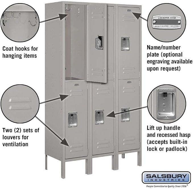 Salsbury Industries 62352GY-U Unassembled Standard Metal Locker with Double Tier,Grey