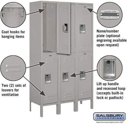 Salsbury Industries 62352GY-U Unassembled Standard Metal Locker with Double Tier,Grey