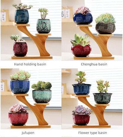 YYW Succulent Pots with Drainage Ceramic Plant Pot Indoor Small Flower Cactus Pots with Tree Tier Bamboo Stand Shallow Planter for Garden Windows Home Office Decor Plant Lovers Gifts