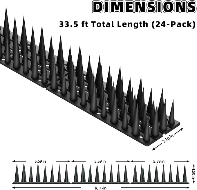 Bird Spikes, 24 Pack, 33.5 FT Total Coverage, Outdoor Bird Deterrent for Pigeons and Small Birds, Helps Keep Cats and Squirrels Away, Plastic Spikes for Fences, Railings and Roofs, Black