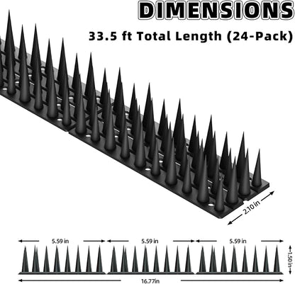 Bird Spikes, 24 Pack, 33.5 FT Total Coverage, Outdoor Bird Deterrent for Pigeons and Small Birds, Helps Keep Cats and Squirrels Away, Plastic Spikes for Fences, Railings and Roofs, Black