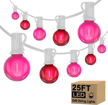 LED Valentine’s Day String Lights, 25Ft Valentines Decorations Outdoor | 25+2 G40 Round Bulbs, Connectable, Shatterproof Hanging Indoor Fairy Lights for Wedding Date Patio, Frosted Red Pink