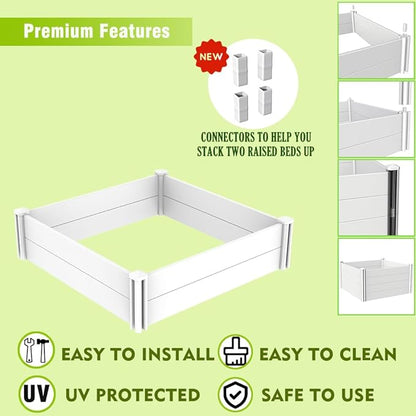4'x4' White Vinyl Raised Garden Bed Kit, Outdoor Above Ground Garden Box for Growing Vegetables, Flowers, Herbs, DIY Gardening, Whelping Pen and More