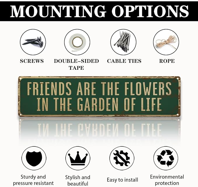 Garden Metal Tin Sign, Vintage Farmhouse Decor, Friends Are the Flowers in the Garden of Life Quote, Gardening Wall Art for Yard Fence Door Porch, Rustic Indoor Outdoor Decoration, 15.7 x 3.9 Inches