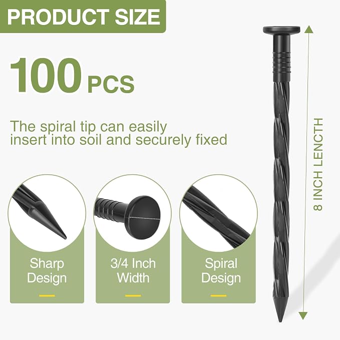 100Pack Plastic Landscape Edging Spikes, 8 Inch Spiral Landscape Anchoring Spikes，Landscape Spikes for Garden Lawn Yard, Paver Edging, Weed Barrier, Artificial Turf & More