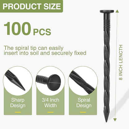 100Pack Plastic Landscape Edging Spikes, 8 Inch Spiral Landscape Anchoring Spikes，Landscape Spikes for Garden Lawn Yard, Paver Edging, Weed Barrier, Artificial Turf & More