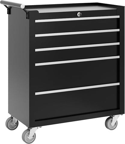 Garvee Rolling Tool Chest, 5 Drawers Tool Storage Cabinet, Toolbox with Wheels, Portable Tool Cabinet Organizer with Locking System & Drawer Liners, Tool Storage Cart for Garage, Workshop, Black