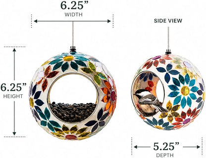Backyard Expressions Hanging Glass Bird Feeder - Multicolor - Fly Through Bird Feeders for Outside, Mosaic Bird Feeder, Round Shape Wild Birdfeeder