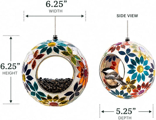 Backyard Expressions Hanging Glass Bird Feeder - Multicolor - Fly Through Bird Feeders for Outside, Mosaic Bird Feeder, Round Shape Wild Birdfeeder