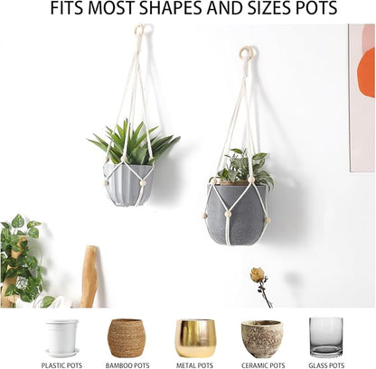 Artilady Hanging Planter for Indoor Plants Adjust Bead Macrame Plant Hanger | White Plant Holder, Large Hanging Baskets for Plants Outdoor, No Tassels, Farmhouse Rustic, Window Balcony Home Decor, 2Pcs
