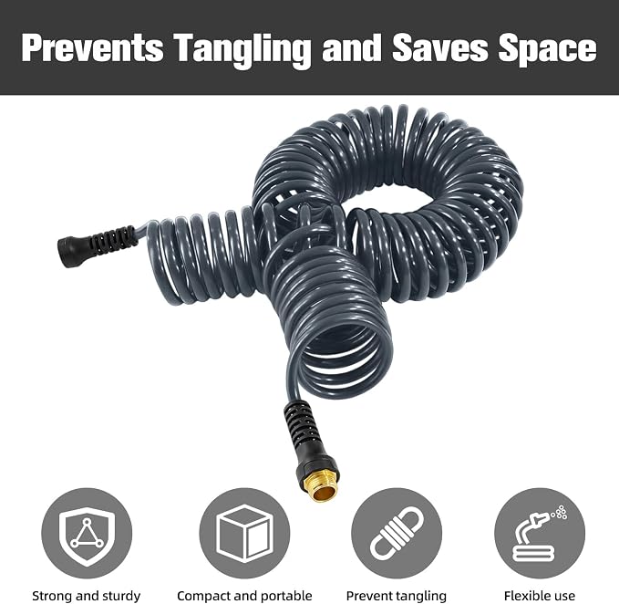 Coil Hose,3/8" EVA Coil Garden Hose 50 FT,Curly Water Hose Lightweight with Metal Connectors and Swivel Handle,Retractable Garden Hose Includes 8-Pattern Spray Nozzle for Boat, Yard, Patio