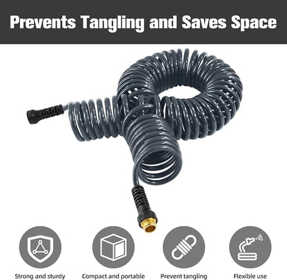 Coil Hose,3/8" EVA Coil Garden Hose 50 FT,Curly Water Hose Lightweight with Metal Connectors and Swivel Handle,Retractable Garden Hose Includes 8-Pattern Spray Nozzle for Boat, Yard, Patio