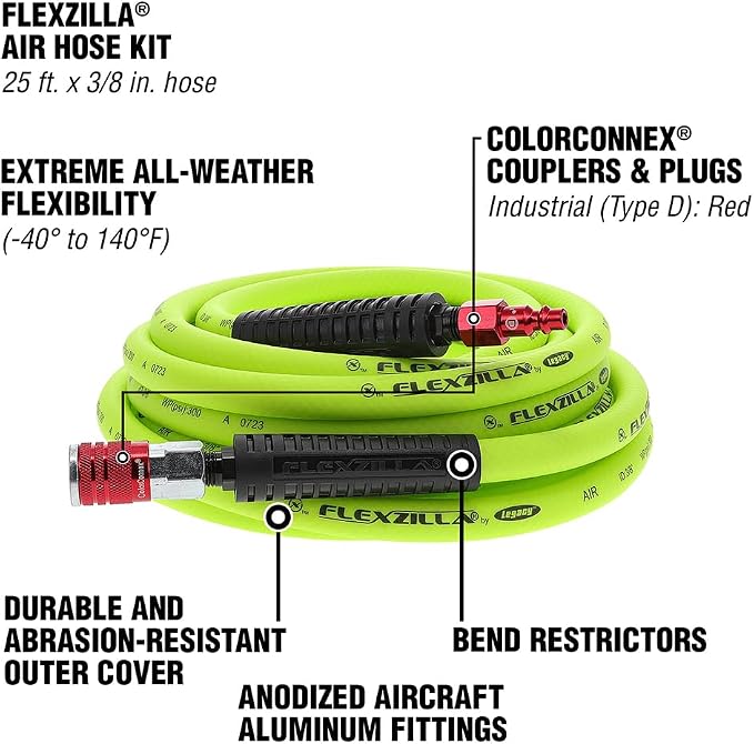 Flexzilla Air Hose with ColorConnex Industrial Type D Coupler and Plug, 3/8 in. x 25 ft., Heavy Duty, Lightweight, Hybrid, ZillaGreen - HFZ3825YW2-D