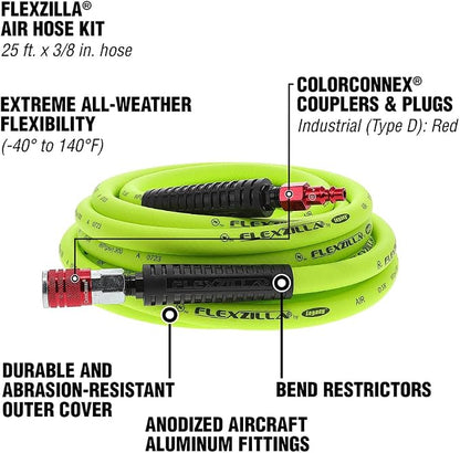 Flexzilla Air Hose with ColorConnex Industrial Type D Coupler and Plug, 3/8 in. x 25 ft., Heavy Duty, Lightweight, Hybrid, ZillaGreen - HFZ3825YW2-D